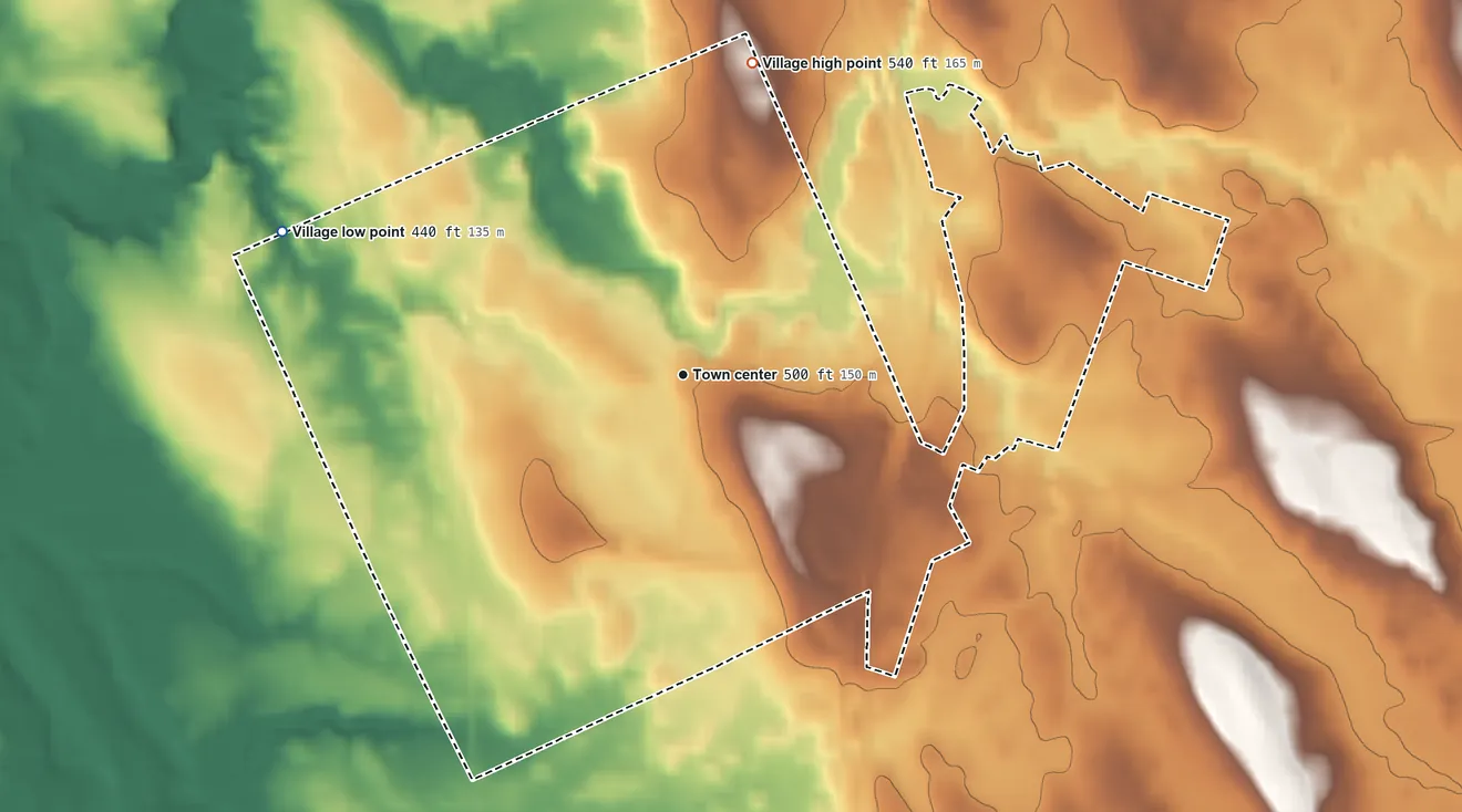 Topographic elevation map of Village of Parish, New York, shaded from 440 ft on the west side to 540 ft on the north side