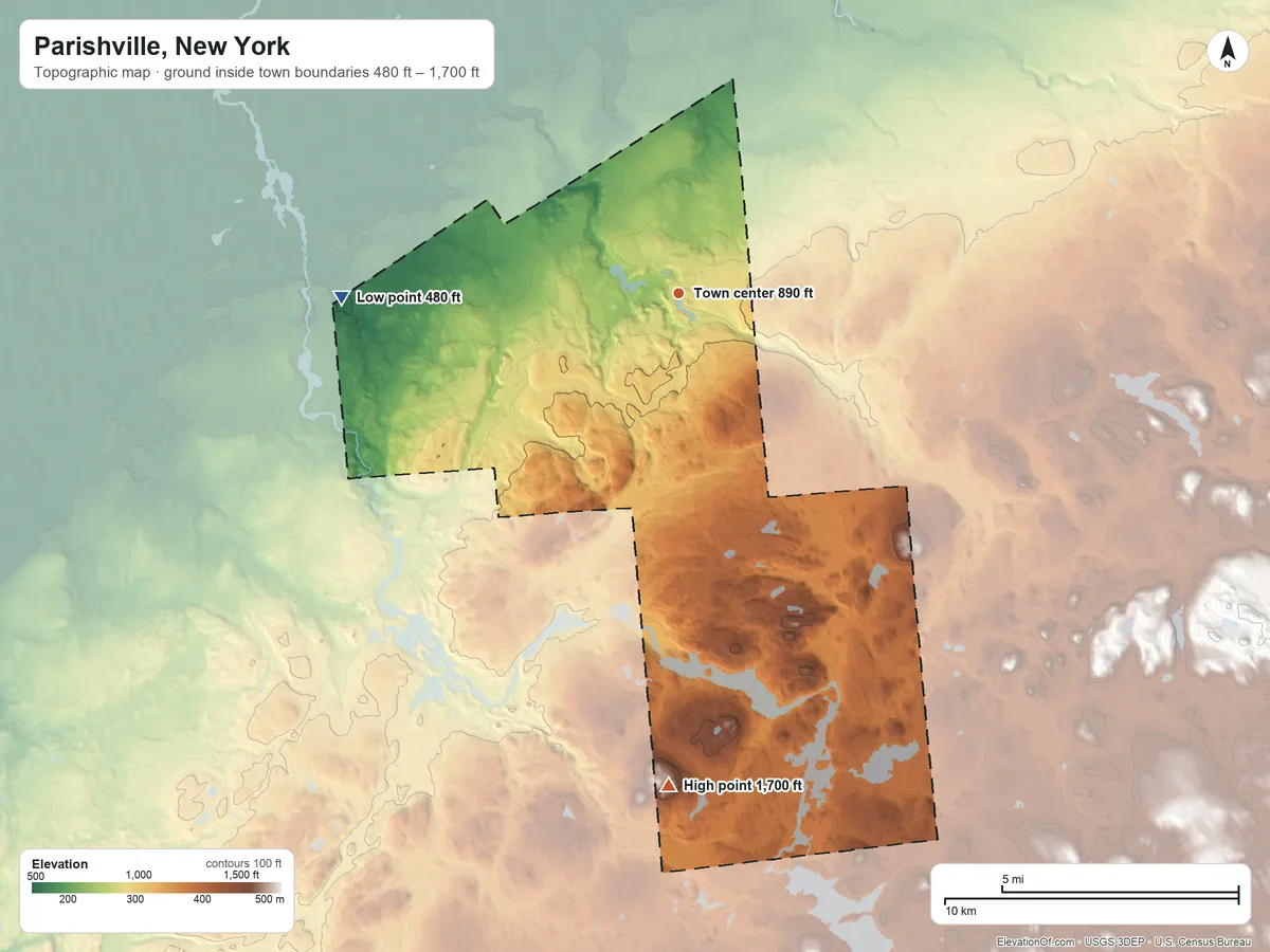 Topographic elevation map of Parishville, New York, shaded from 480 ft on the west side to 1,700 ft on the south side