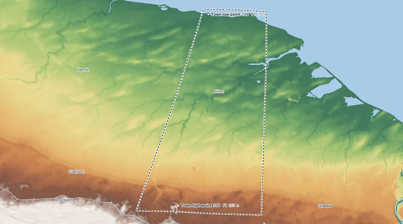 Topographic elevation map of Parma, New York, shaded from 240 ft on the north side to 540 ft on the southwest side