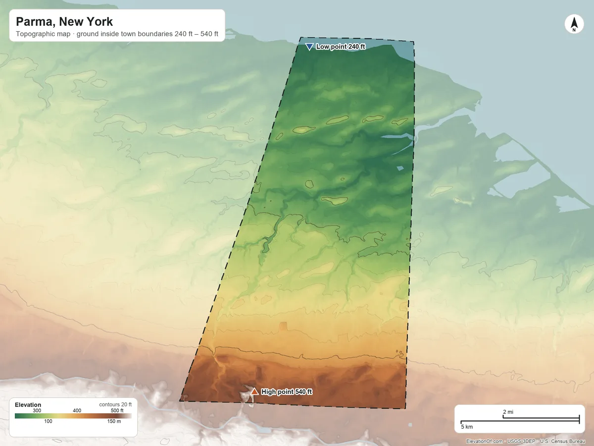 Topographic elevation map of Parma, New York, shaded from 240 ft on the north side to 540 ft on the southwest side