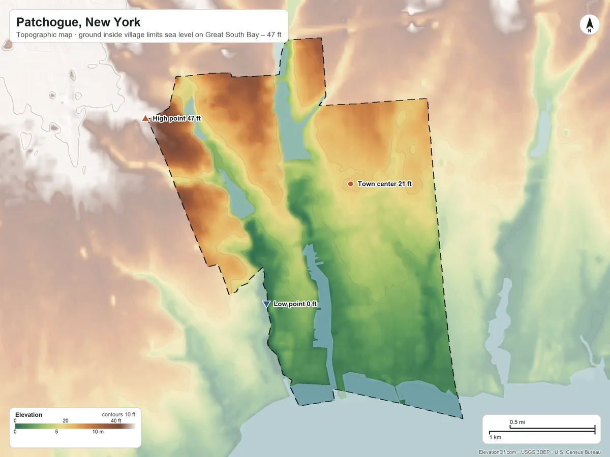 Topographic elevation map of Patchogue, New York, shaded from sea level level on Great South Bay to 47 ft on the west side