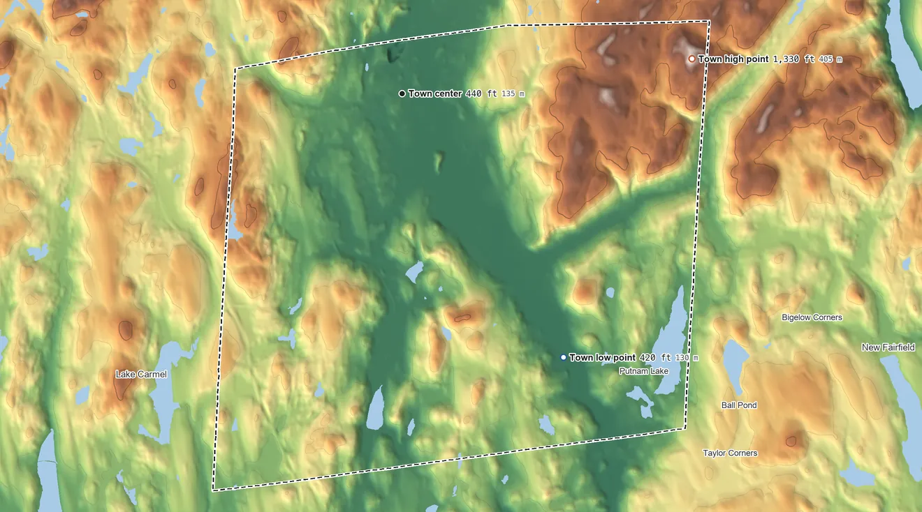 Topographic elevation map of Patterson, New York, shaded from 420 ft on the southeast side to 1,330 ft on the east side