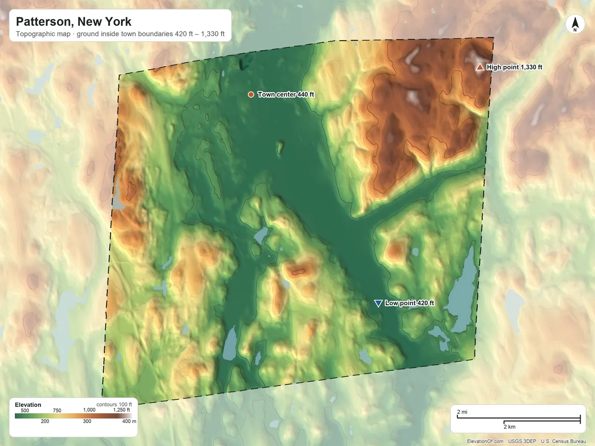 Topographic elevation map of Patterson, New York, shaded from 420 ft on the southeast side to 1,330 ft on the east side