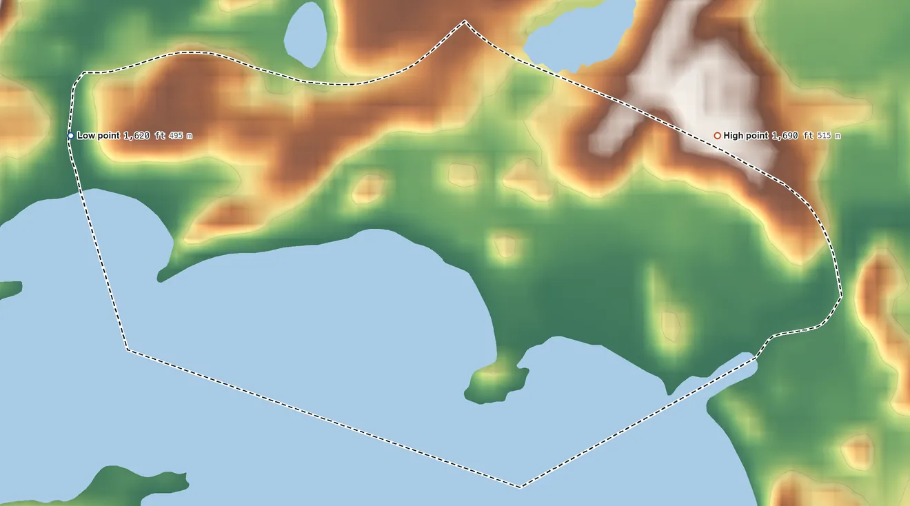 Topographic elevation map of Paul Smiths, New York, shaded from 1,620 ft on the west side to 1,690 ft near the middle