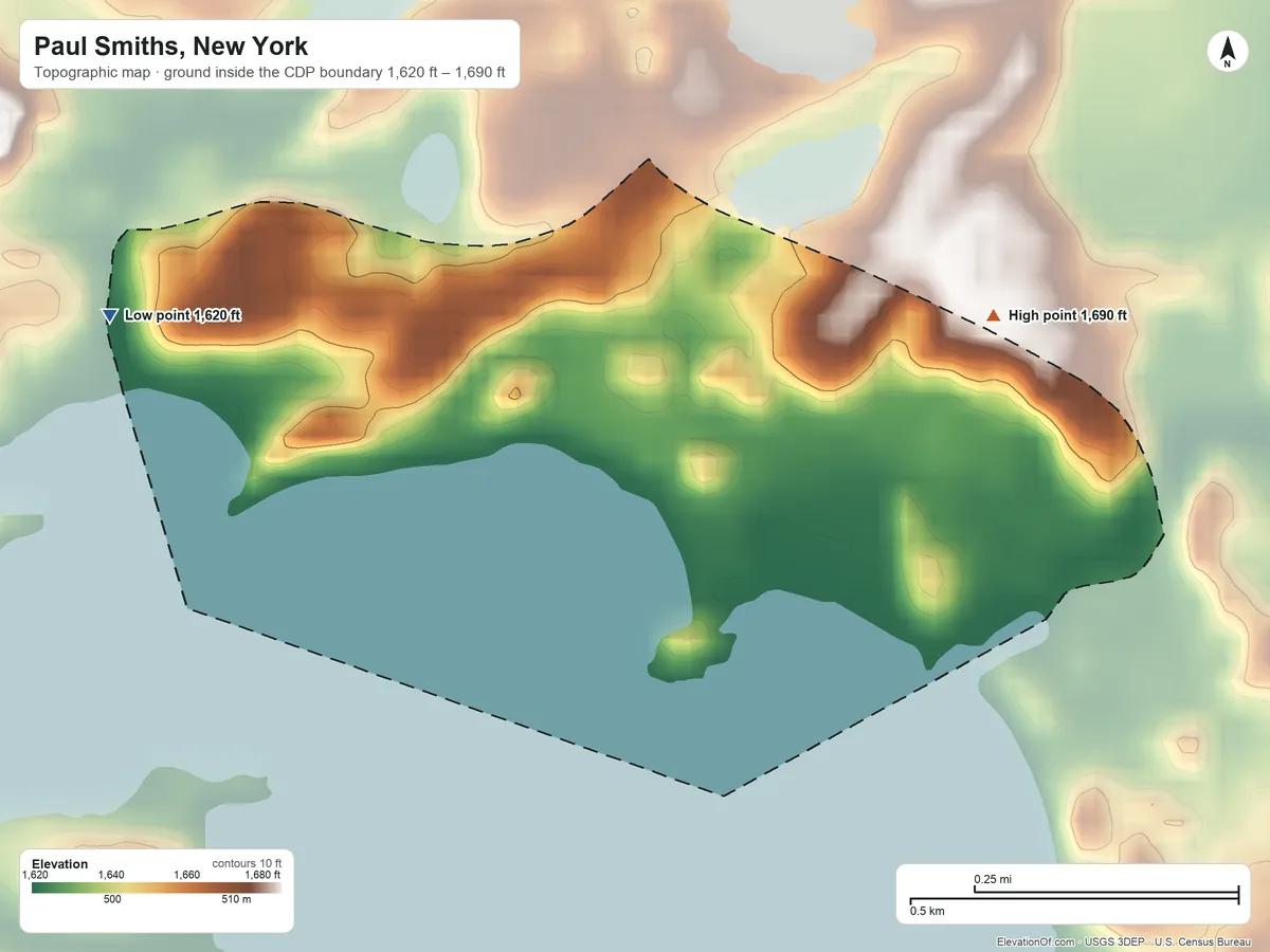 Topographic elevation map of Paul Smiths, New York, shaded from 1,620 ft on the west side to 1,690 ft near the middle