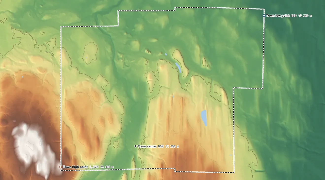 Topographic elevation map of Pavilion, New York, shaded from 860 ft on the northeast side to 1,370 ft on Hurst Hill
