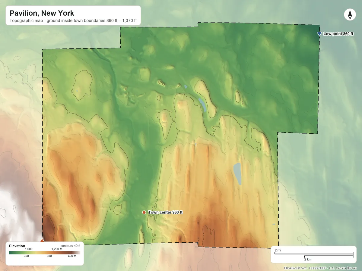 Topographic elevation map of Pavilion, New York, shaded from 860 ft on the northeast side to 1,370 ft on Hurst Hill
