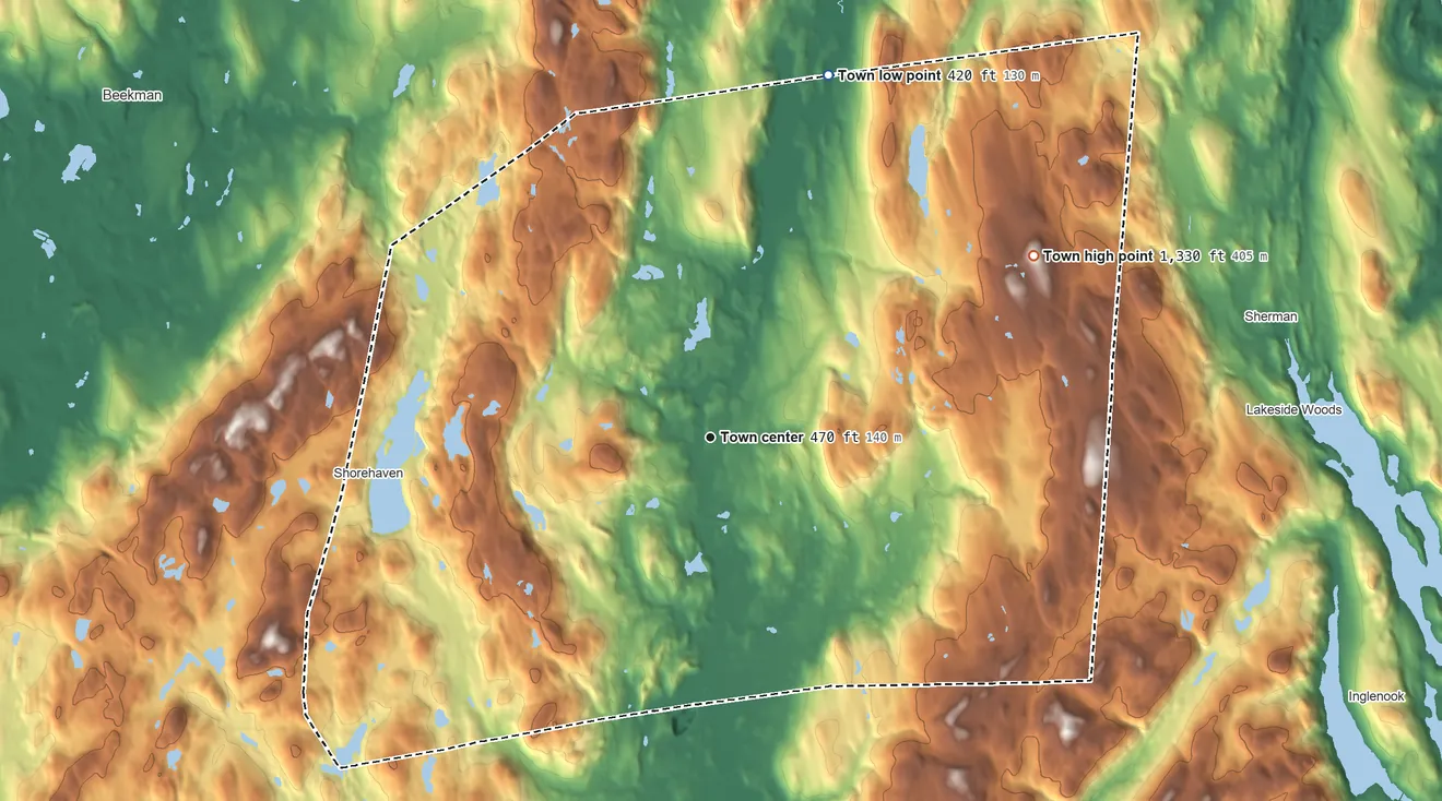 Topographic elevation map of Pawling, New York, shaded from 420 ft on the north side to 1,331 ft on Observatory Hill