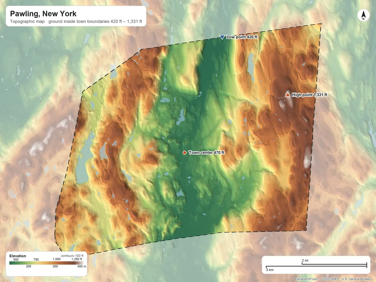 Topographic elevation map of Pawling, New York, shaded from 420 ft on the north side to 1,331 ft on Observatory Hill