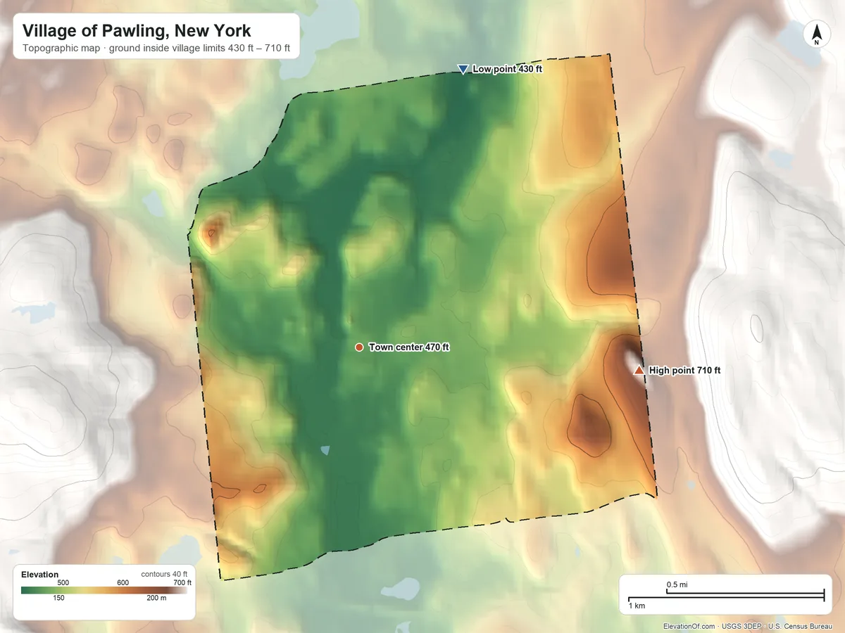 Topographic elevation map of Village of Pawling, New York, shaded from 430 ft on the north side to 710 ft at the foot of the Sharp Hills