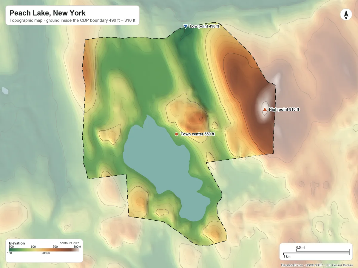 Topographic elevation map of Peach Lake, New York, shaded from 490 ft on the north side to 810 ft on the east side
