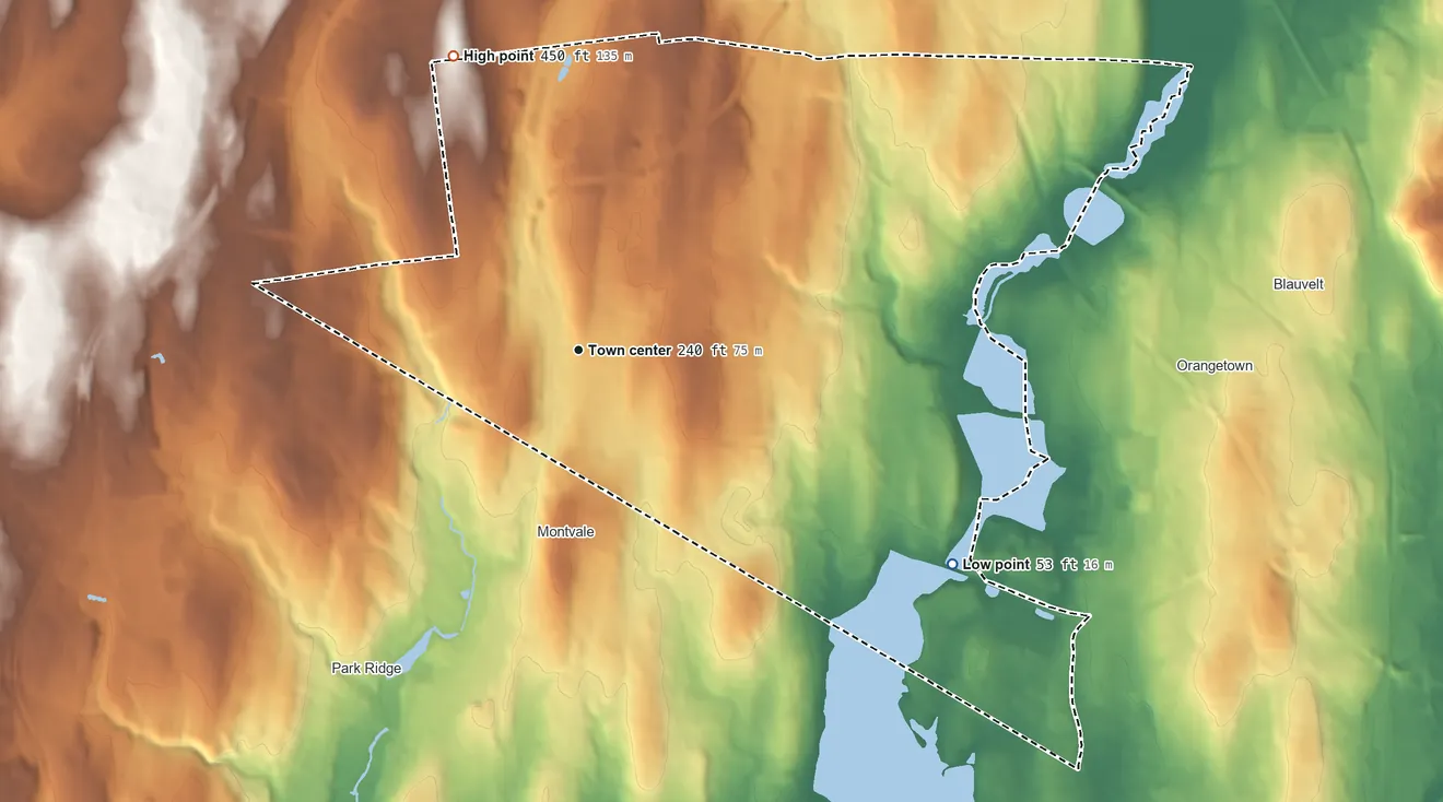 Topographic elevation map of Pearl River, New York, shaded from 53 ft on the southeast side to 450 ft on the northwest side