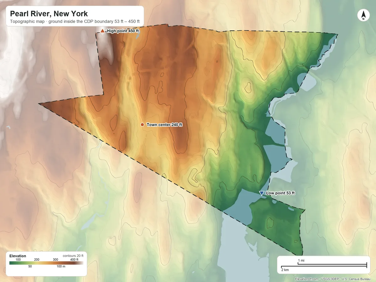 Topographic elevation map of Pearl River, New York, shaded from 53 ft on the southeast side to 450 ft on the northwest side