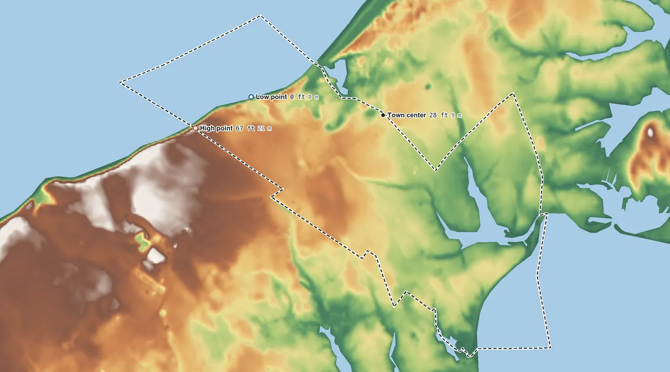 Topographic elevation map of Peconic, New York, shaded from sea level level on Long Island Sound to 67 ft on the west side