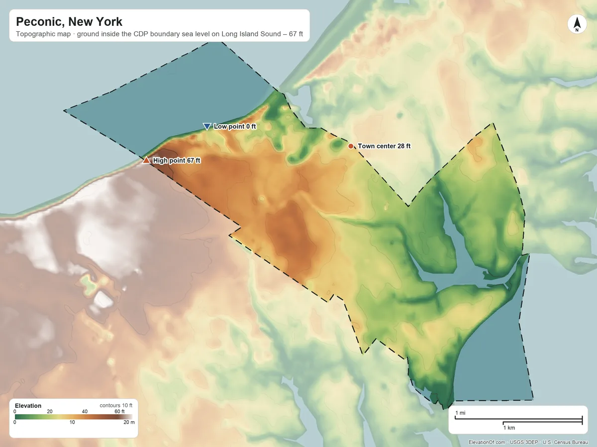 Topographic elevation map of Peconic, New York, shaded from sea level level on Long Island Sound to 67 ft on the west side