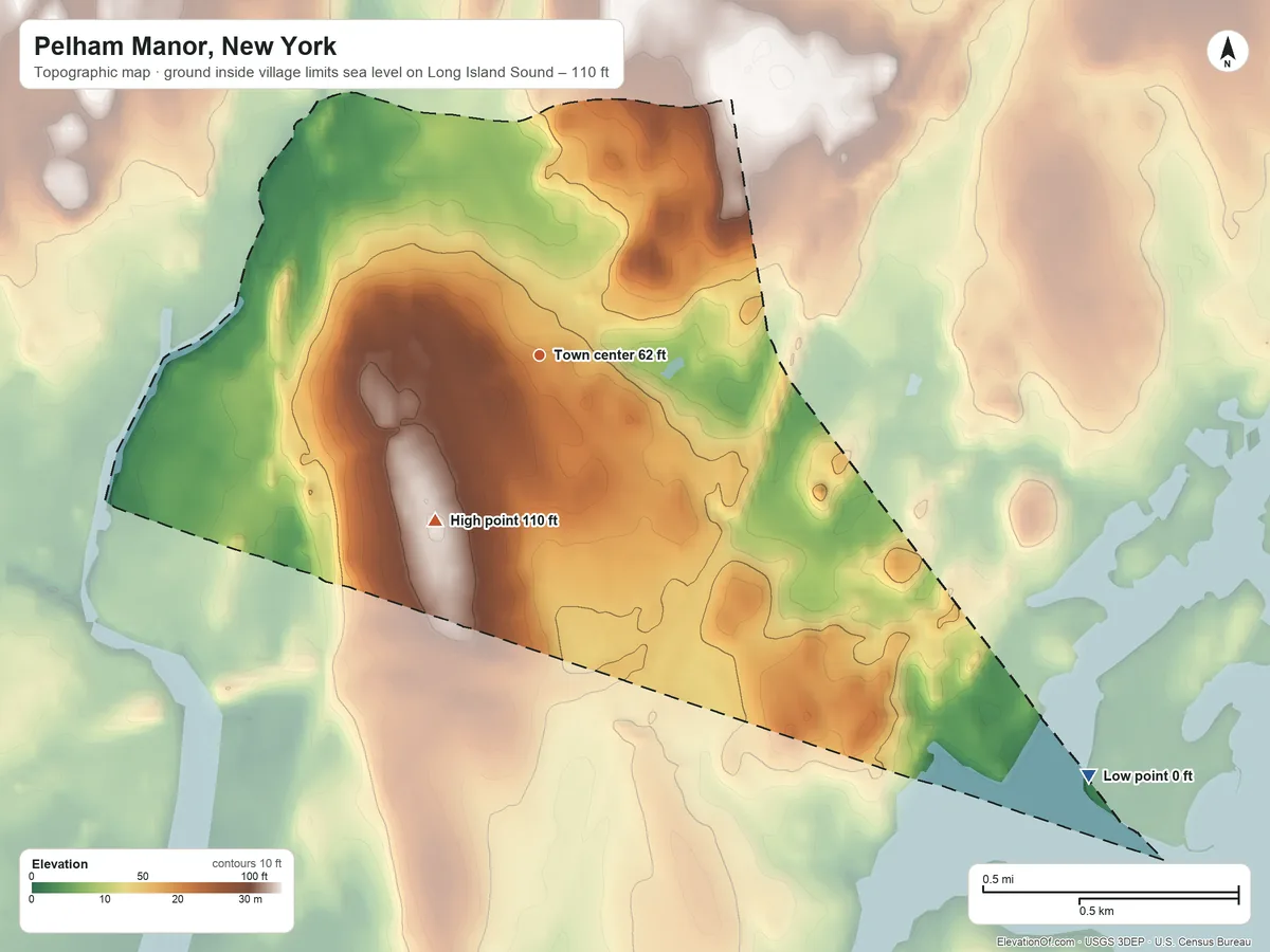 Topographic elevation map of Pelham Manor, New York, shaded from sea level level on Long Island Sound to 110 ft on the southwest side
