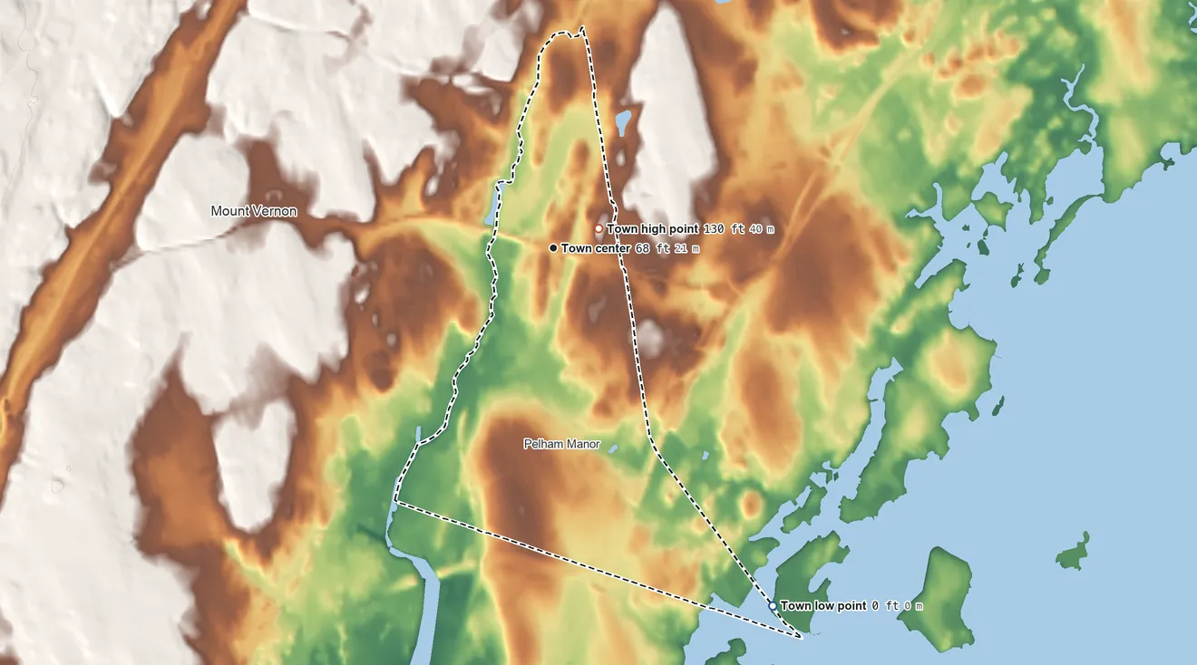 Topographic elevation map of Pelham, New York, shaded from sea level level on Long Island Sound to 130 ft near the middle