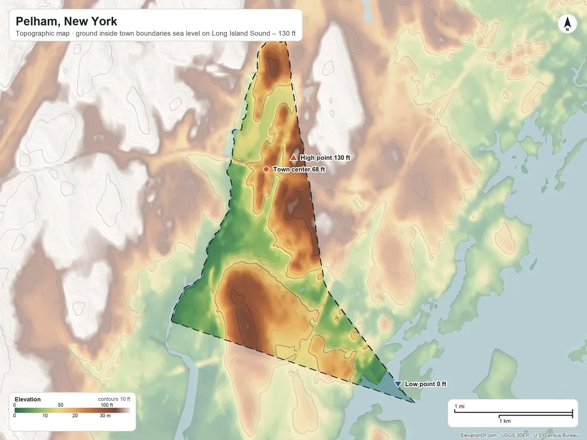 Topographic elevation map of Pelham, New York, shaded from sea level level on Long Island Sound to 130 ft near the middle