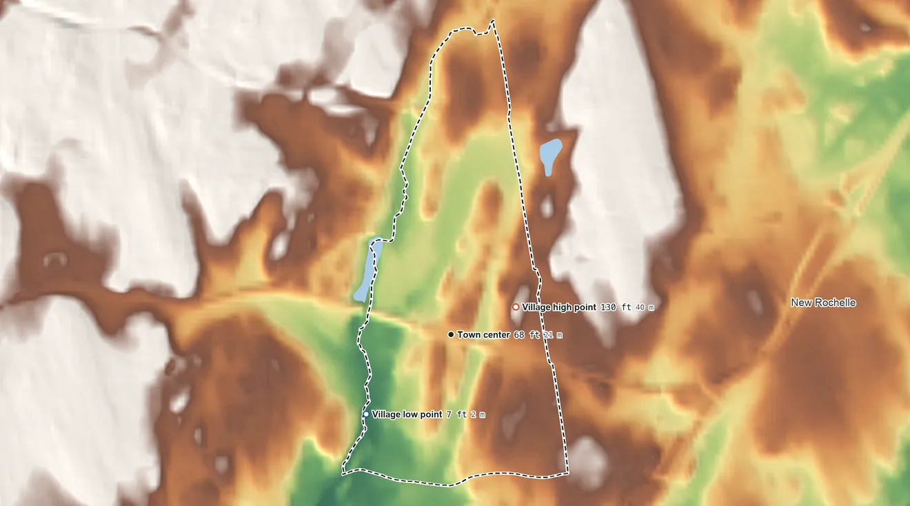 Topographic elevation map of Village of Pelham, New York, shaded from 7 ft on the southwest side to 130 ft on the northeast side