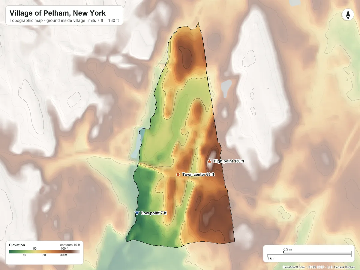 Topographic elevation map of Village of Pelham, New York, shaded from 7 ft on the southwest side to 130 ft on the northeast side