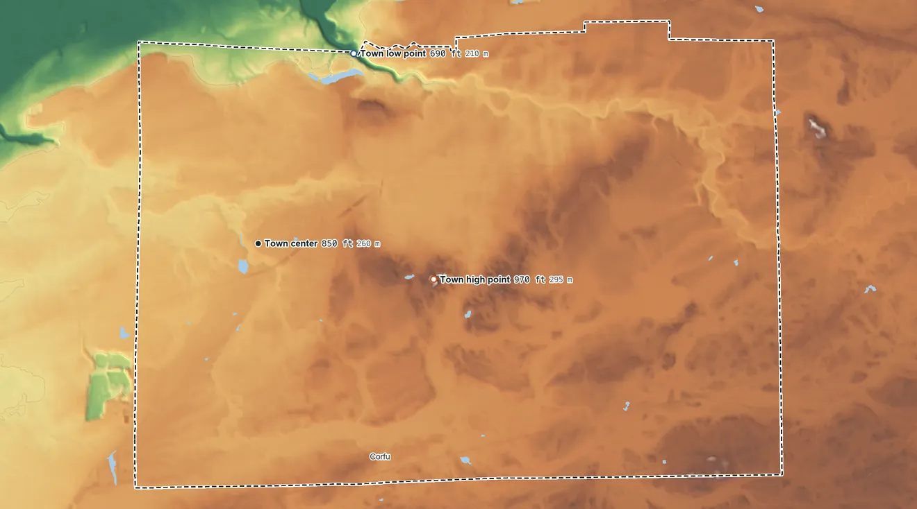 Topographic elevation map of Pembroke, New York, shaded from 690 ft on the northeast side to 970 ft on the east side