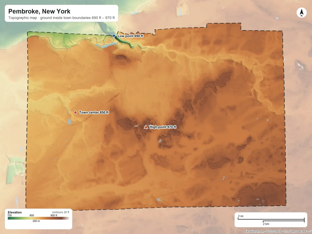 Topographic elevation map of Pembroke, New York, shaded from 690 ft on the northeast side to 970 ft on the east side
