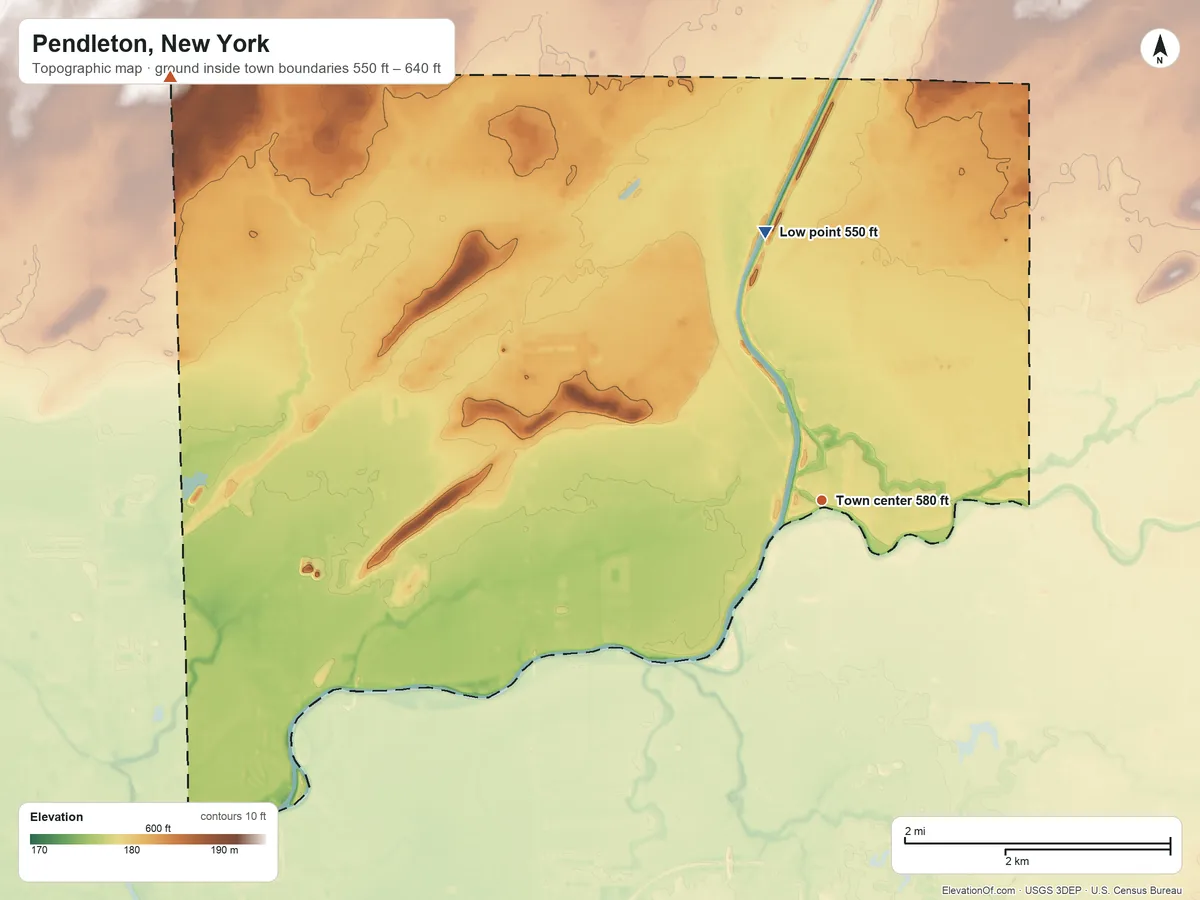Topographic elevation map of Pendleton, New York, shaded from 550 ft on the north side to 640 ft on the northwest side
