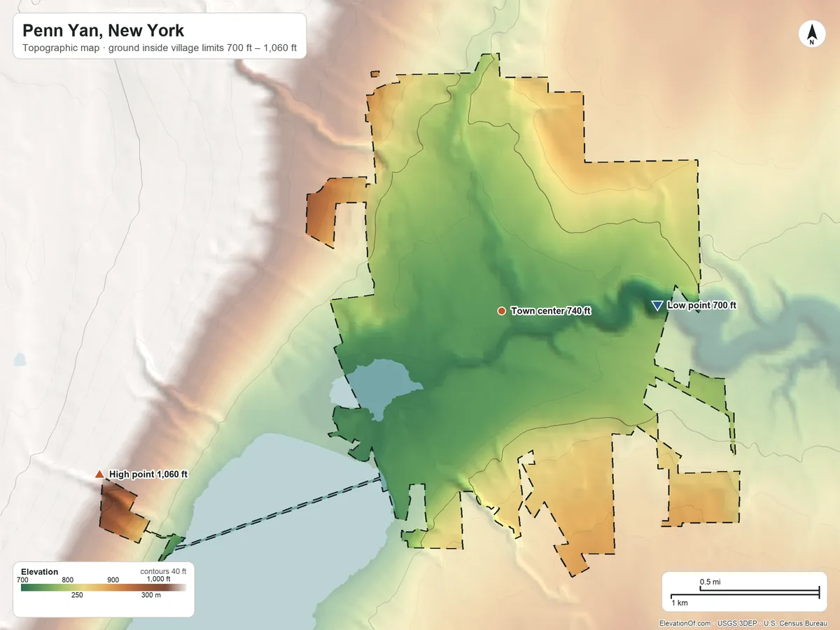 Topographic elevation map of Penn Yan, New York, shaded from 700 ft on the east side to 1,060 ft on the west edge, below higher ground just outside