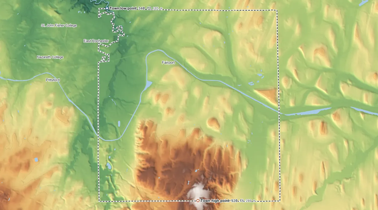 Topographic elevation map of Perinton, New York, shaded from 340 ft on the northwest side to 924 ft on Baker Hill