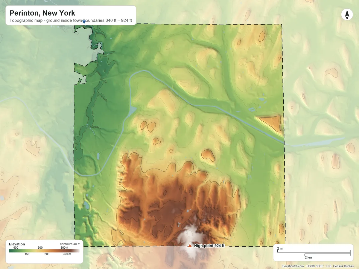 Topographic elevation map of Perinton, New York, shaded from 340 ft on the northwest side to 924 ft on Baker Hill