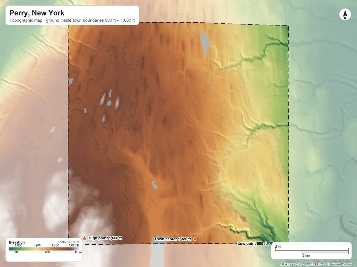 Topographic elevation map of Perry, New York, shaded from 900 ft on the east side to 1,660 ft on the west side