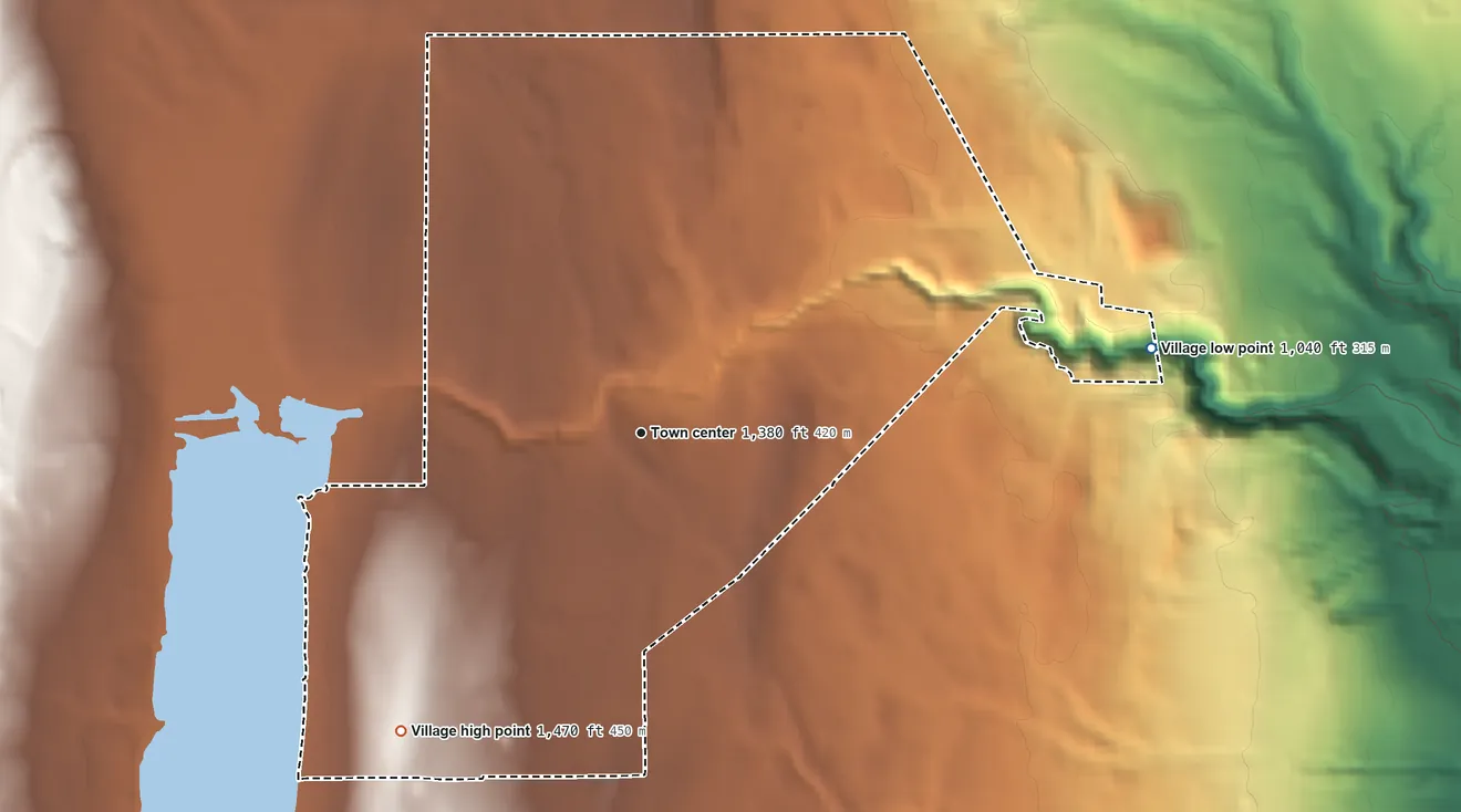 Topographic elevation map of Village of Perry, New York, shaded from 1,040 ft on the east side to 1,470 ft on the southwest side