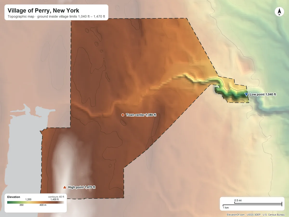 Topographic elevation map of Village of Perry, New York, shaded from 1,040 ft on the east side to 1,470 ft on the southwest side