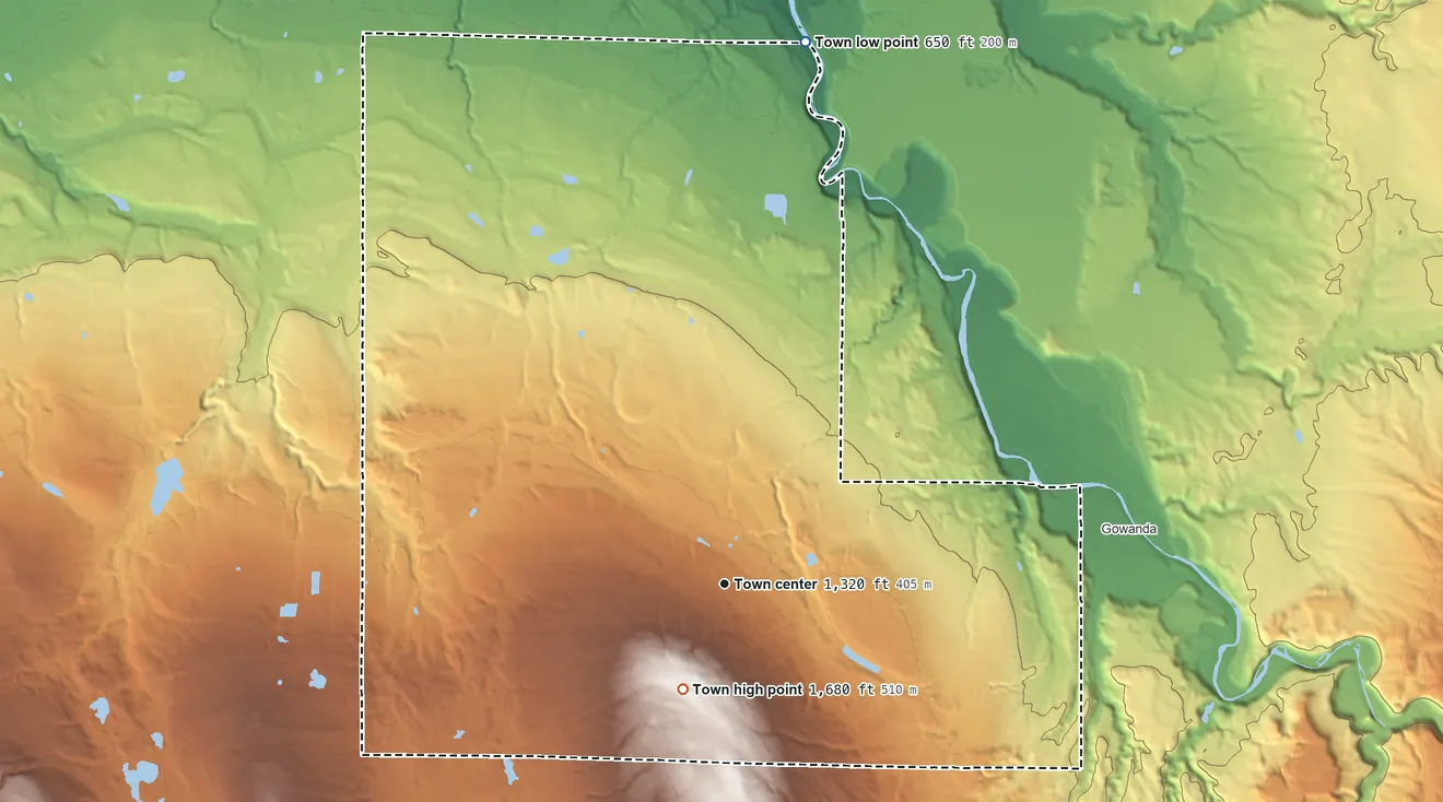 Topographic elevation map of Perrysburg, New York, shaded from 650 ft on the north side to 1,680 ft on the south side