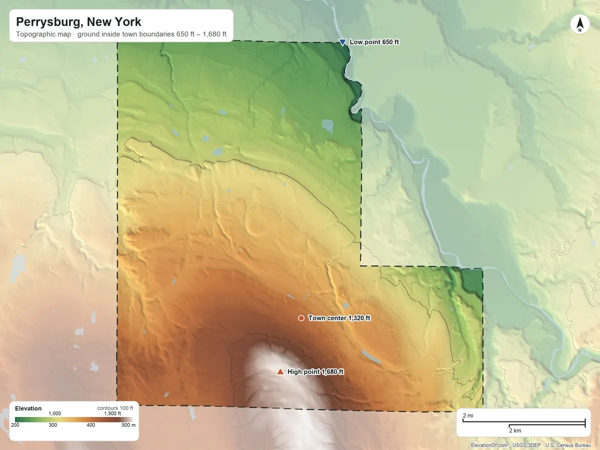 Topographic elevation map of Perrysburg, New York, shaded from 650 ft on the north side to 1,680 ft on the south side