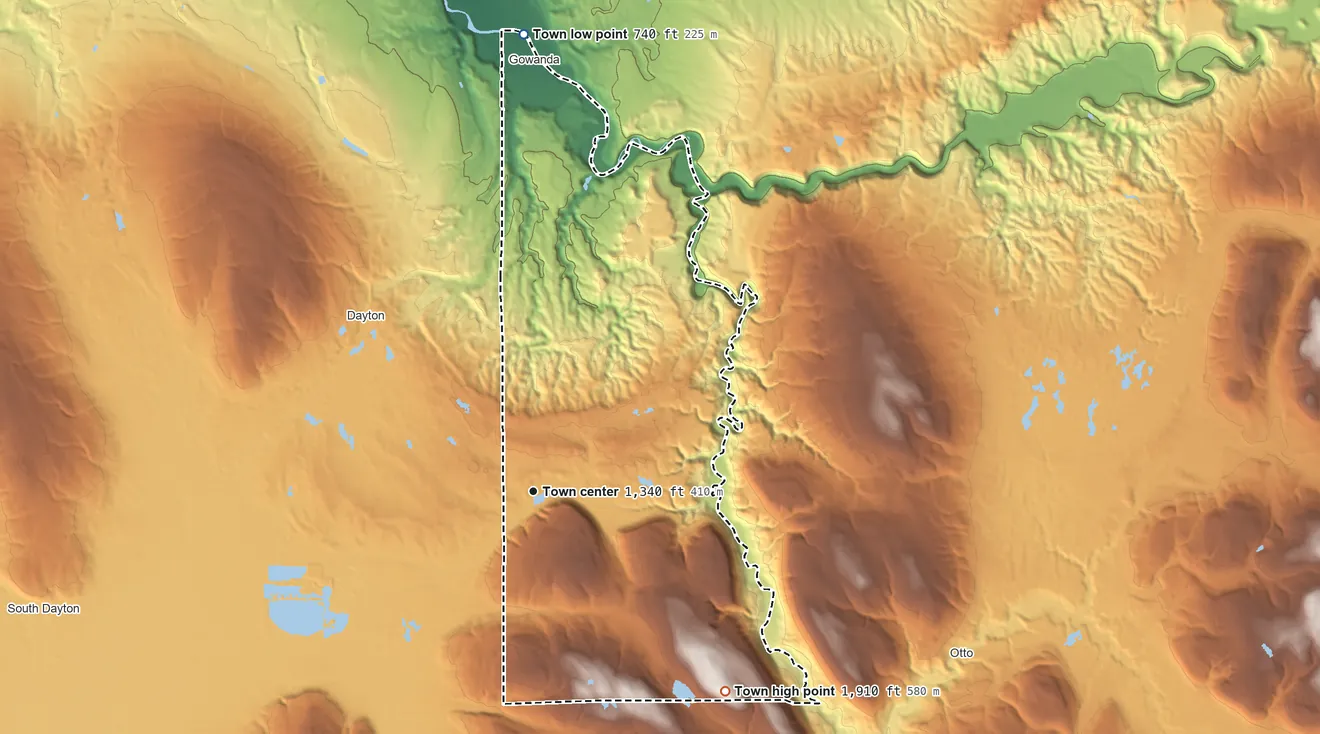 Topographic elevation map of Persia, New York, shaded from 740 ft on the north side to 1,910 ft on the southeast side
