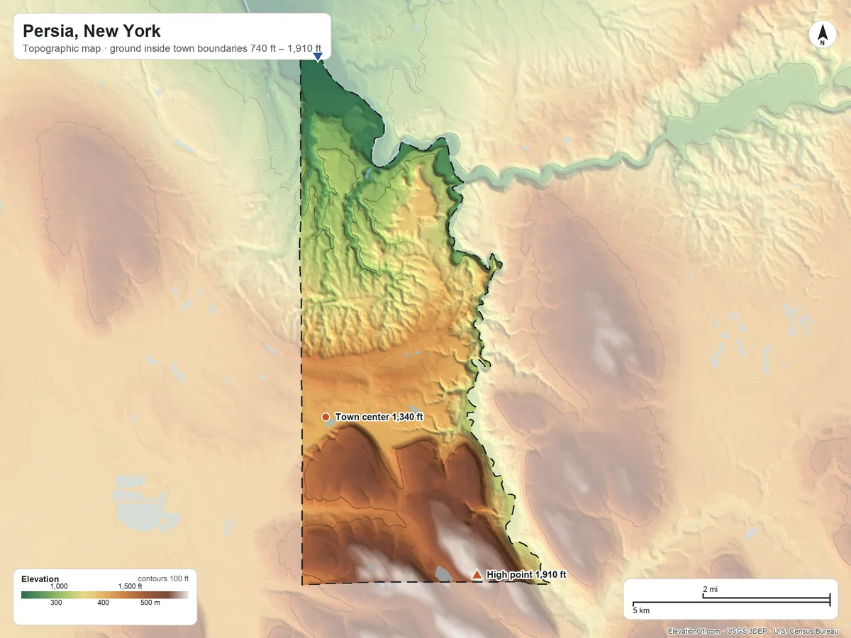 Topographic elevation map of Persia, New York, shaded from 740 ft on the north side to 1,910 ft on the southeast side