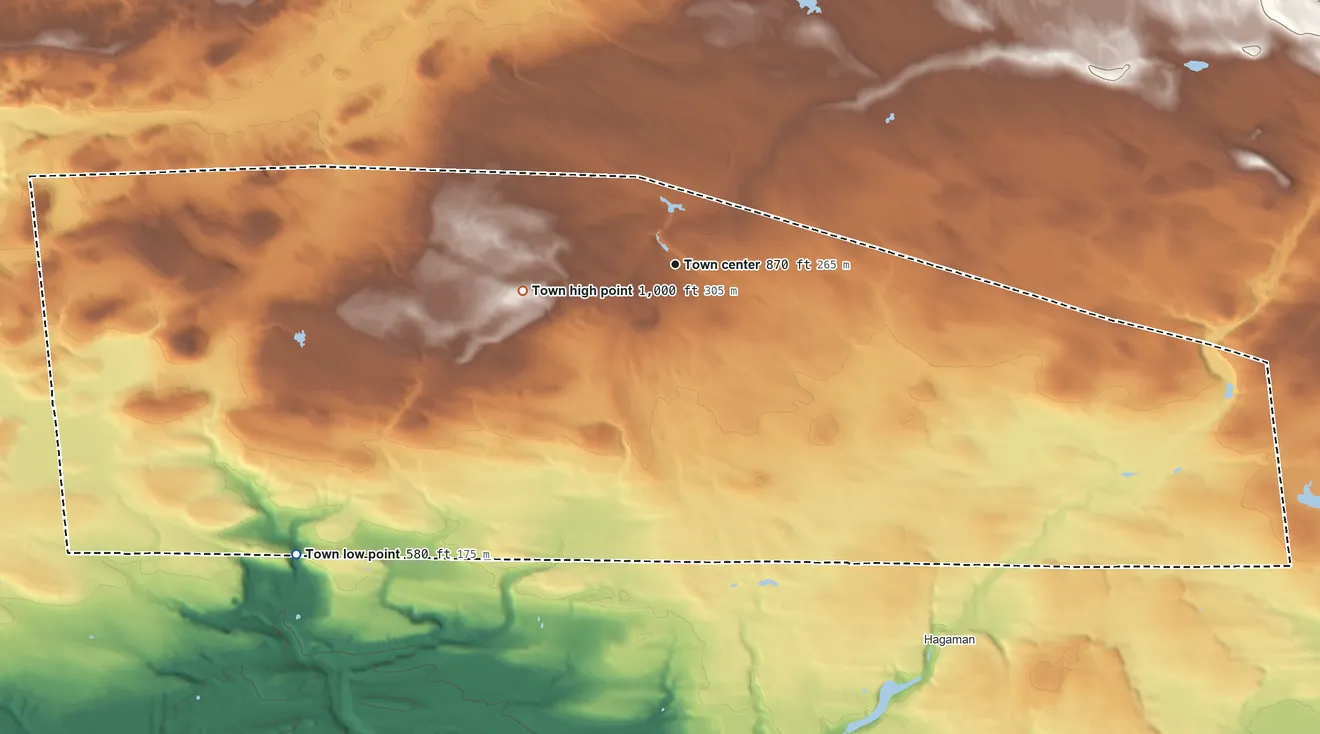 Topographic elevation map of Perth, New York, shaded from 580 ft on the southwest side to 1,000 ft on the west side