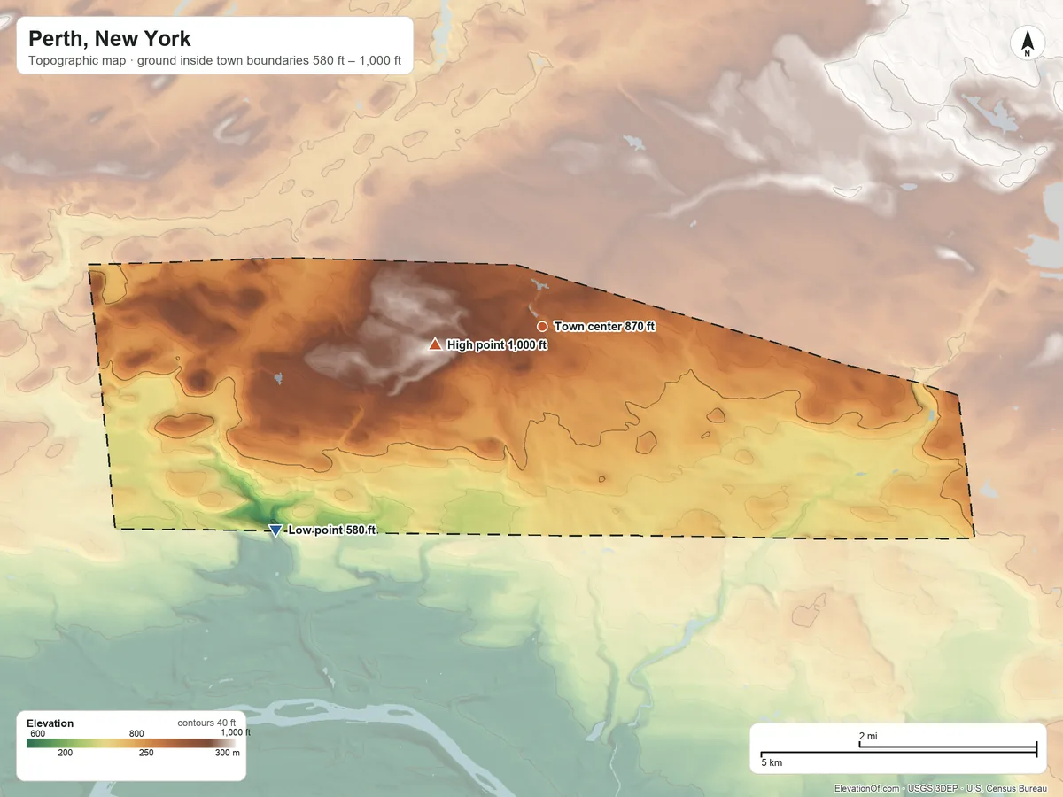 Topographic elevation map of Perth, New York, shaded from 580 ft on the southwest side to 1,000 ft on the west side