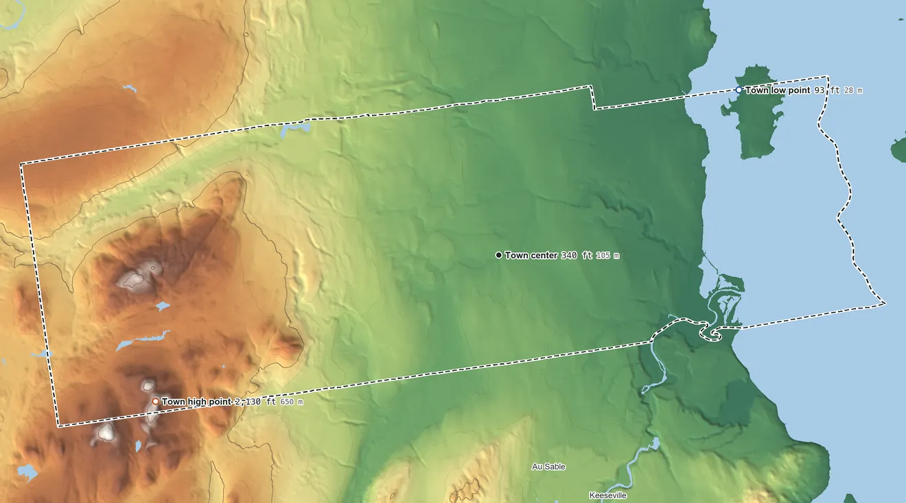 Topographic elevation map of Peru, New York, shaded from 93 ft on the northeast side to 2,130 ft on Buckley Mountain