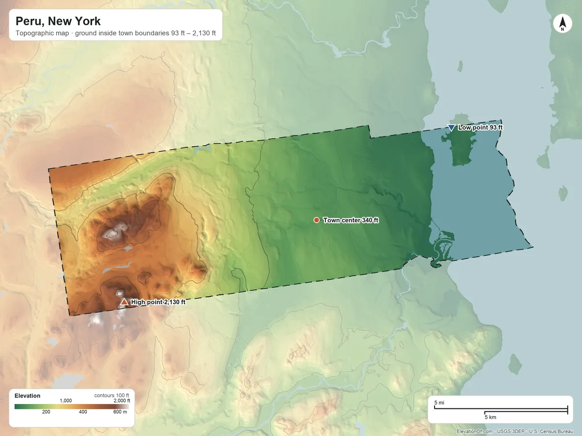 Topographic elevation map of Peru, New York, shaded from 93 ft on the northeast side to 2,130 ft on Buckley Mountain