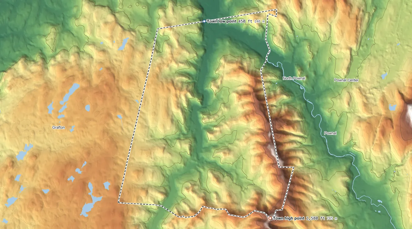 Topographic elevation map of Petersburgh, New York, shaded from 450 ft on the north side to 2,580 ft on Mount Raimer