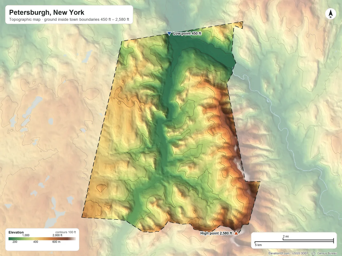 Topographic elevation map of Petersburgh, New York, shaded from 450 ft on the north side to 2,580 ft on Mount Raimer