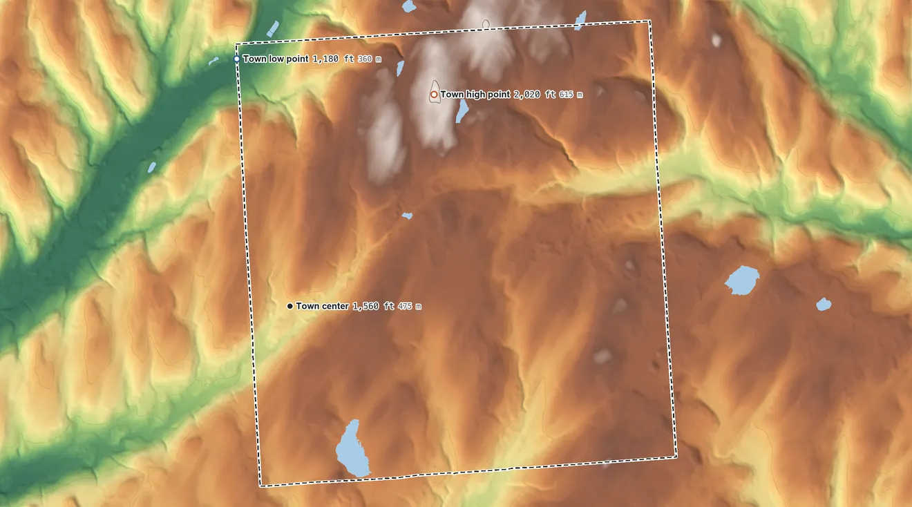 Topographic elevation map of Pharsalia, New York, shaded from 1,180 ft on the north side to 2,020 ft on the northeast side
