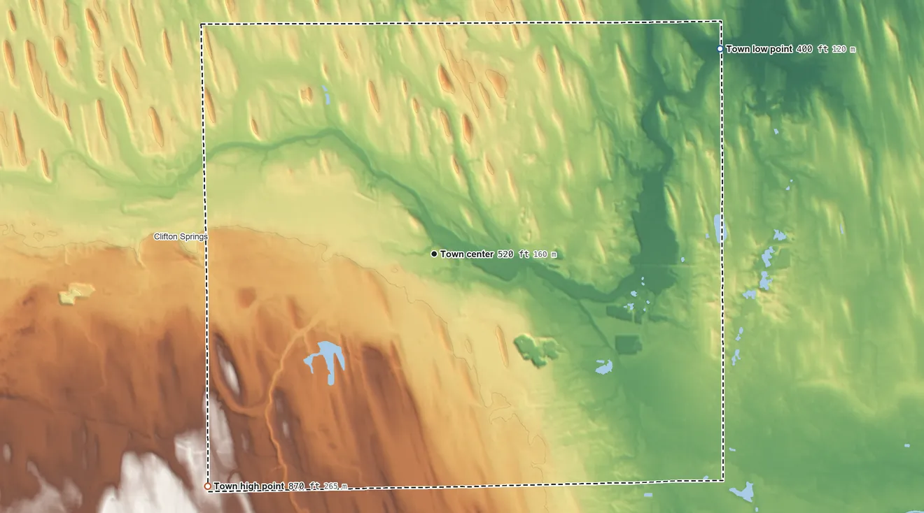 Topographic elevation map of Phelps, New York, shaded from 400 ft on the northeast side to 870 ft on the southwest side