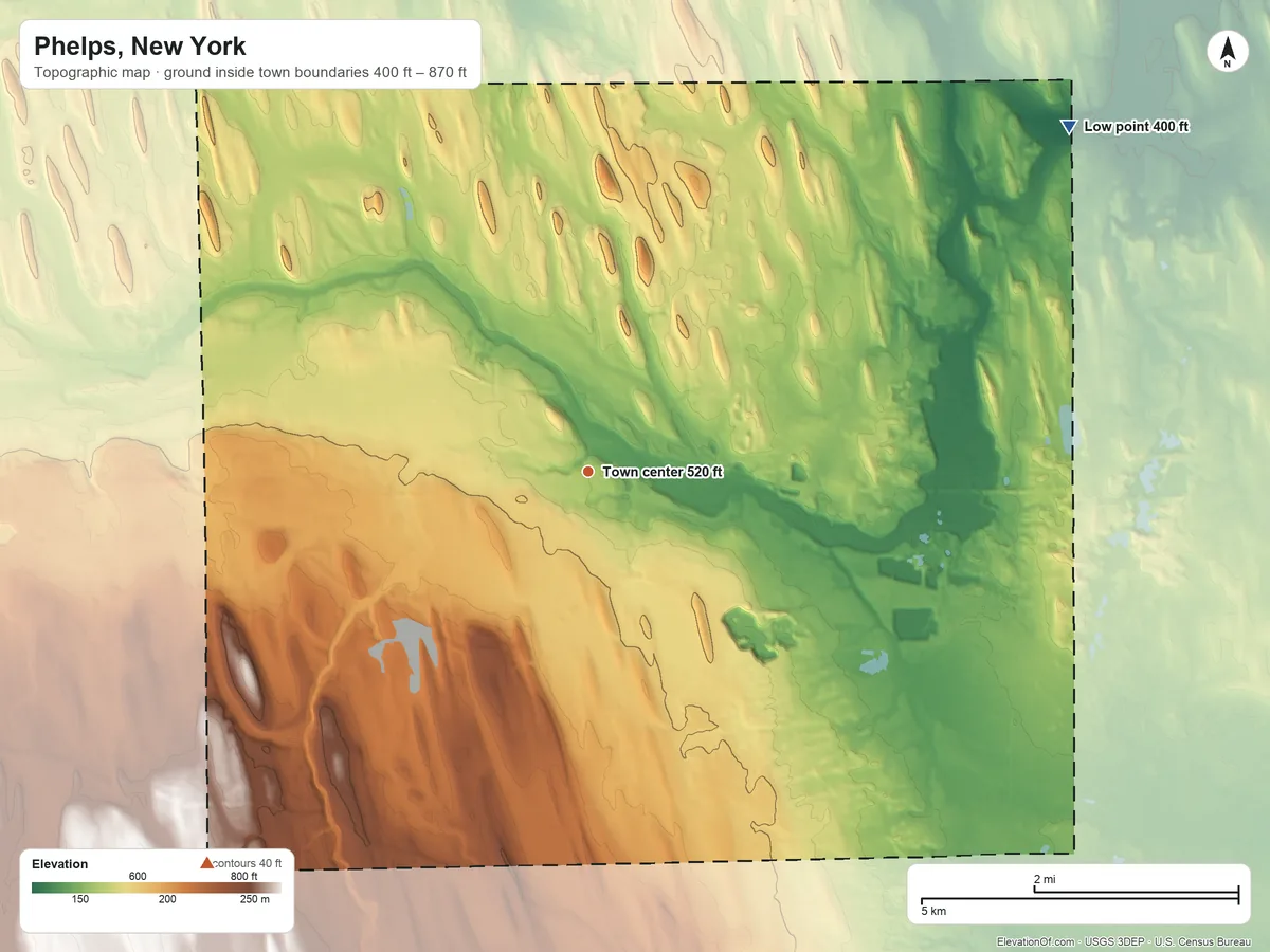 Topographic elevation map of Phelps, New York, shaded from 400 ft on the northeast side to 870 ft on the southwest side