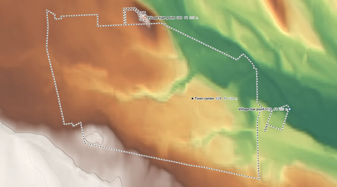 Topographic elevation map of Village of Phelps, New York, shaded from 450 ft on the east side to 600 ft on the northwest side
