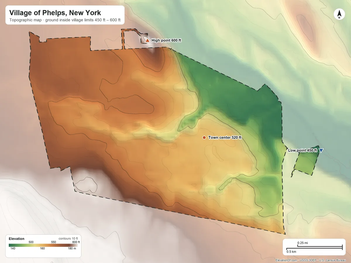 Topographic elevation map of Village of Phelps, New York, shaded from 450 ft on the east side to 600 ft on the northwest side