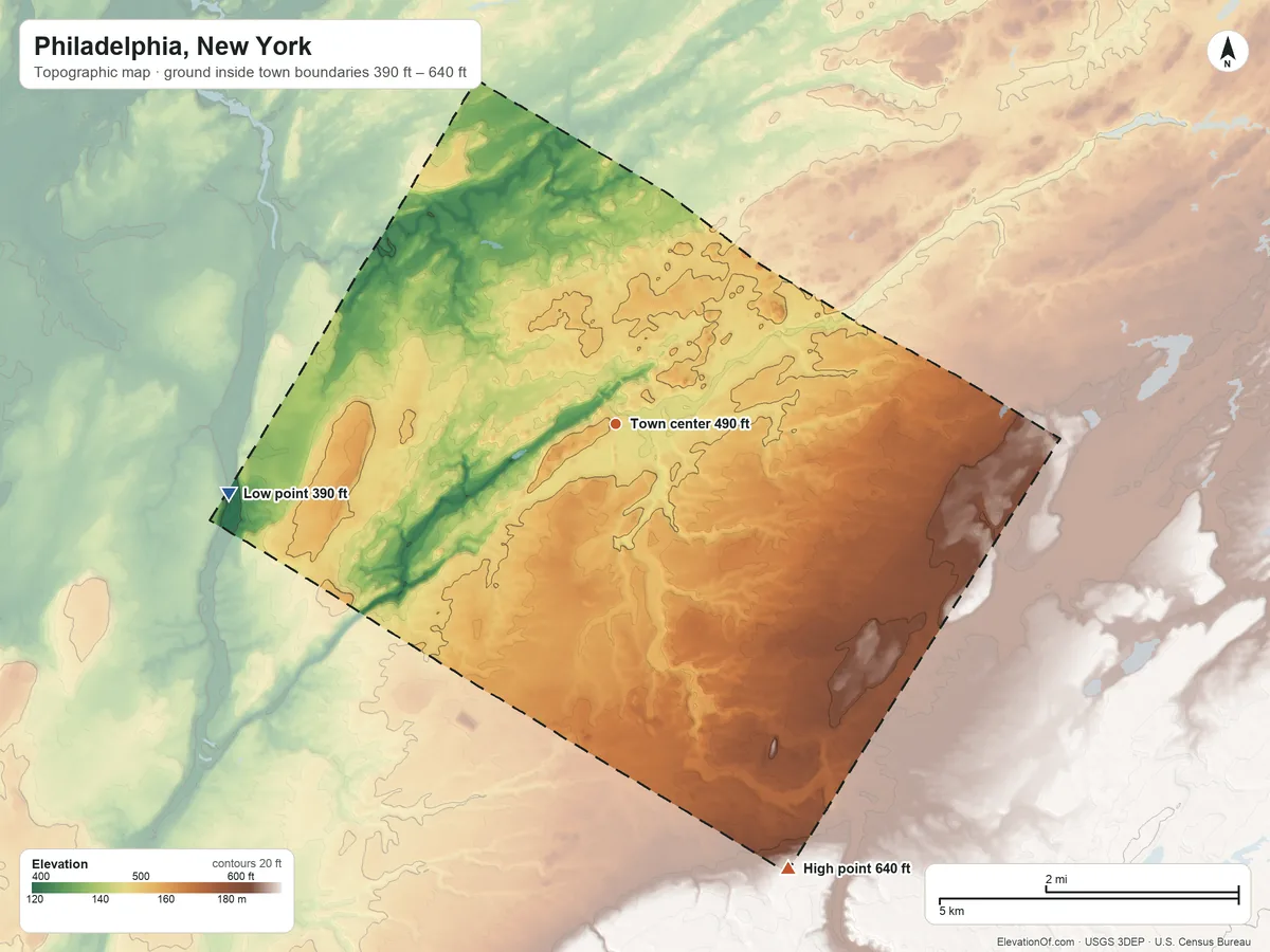 Topographic elevation map of Philadelphia, New York, shaded from 390 ft on the west side to 640 ft on the south side