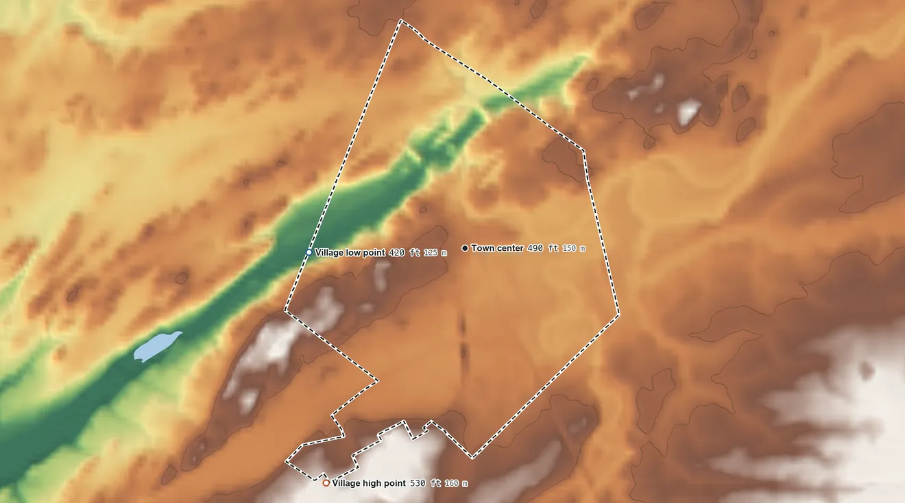 Topographic elevation map of Village of Philadelphia, New York, shaded from 420 ft on the west side to 530 ft on the southwest side